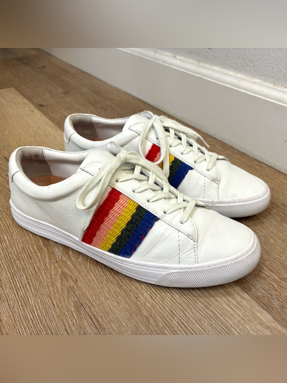 Loeffler Randall Logan Rainbow-Striped White Leather Sneakers Women’s Shoes 11